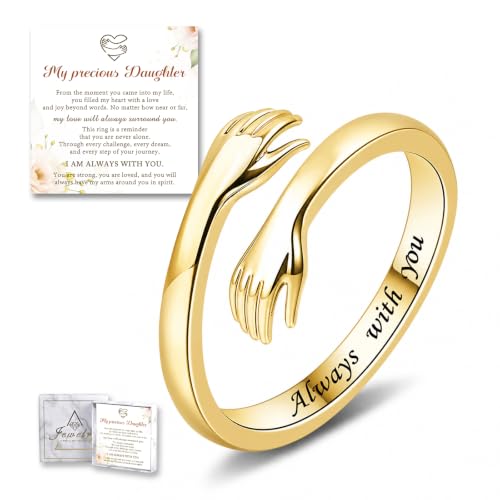 Sterling Silver Hug Ring for Women Teen Girls Adjustable Love Promise Ring Inspirational Open Rings Mothers Day Birthday Gift for Daughter Granddaughter Mom Wife Best Friend - color: 18K Gold / Daughter Gift (Always with you)