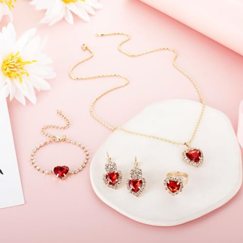 4 Pcs Heart Jewelry Set for Women fashion Cubic Zirconia Pendant Necklace Bracelet Earrings Dainty Open Ring Charm Prom Party, Birthday Valentines Mothers Day Christmas Jewelry Gift - style: Red