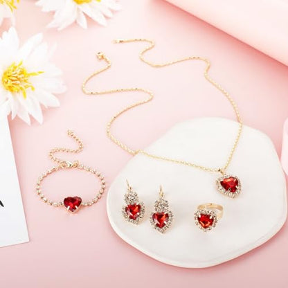 4 Pcs Heart Jewelry Set for Women fashion Cubic Zirconia Pendant Necklace Bracelet Earrings Dainty Open Ring Charm Prom Party, Birthday Valentines Mothers Day Christmas Jewelry Gift - style: Red