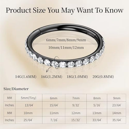 2Pcs Nose Ring Hoop Set: 14G 16G 18G 20G 316L Surgical Steel Septum Rings Hypoallergenic Body Jewelry 6/7/8/9/10/12MM Cartilage Earrings for Women Men - color: Black-2pcs cz rings