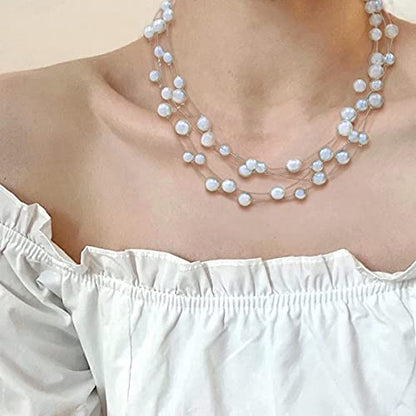 FULU AUTUMN Layered Pearl Necklace Multi-strand Pearl Choker Necklaces for Women Beaded jewelry for Wedding Parties - color: White