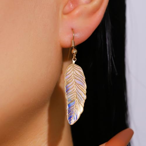 Bohemian Colorful Feather Drop Earrings for Women,Fashion Gradient Leaf Danging Earring Lightweight Hook Shaped Statement Jewelry - color: color A