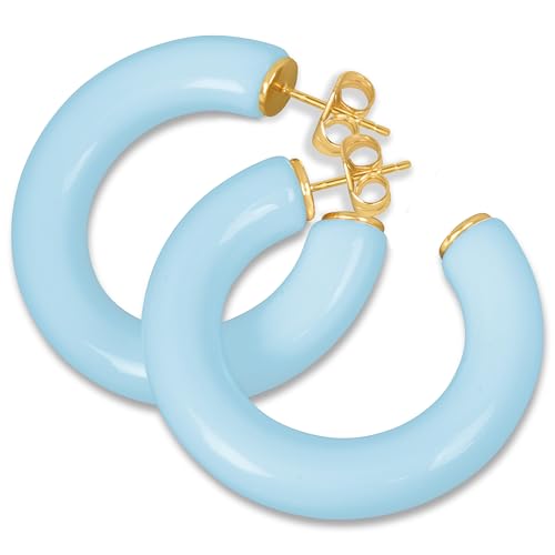 Gold Plated Multicolor Resin Chunky Thick Open Hoop Earrings in 57MM and 37.5MM Diameters - color: Blue - Baby Blue - Glossy Finish, size: 37.5MM (1.48") Diameter