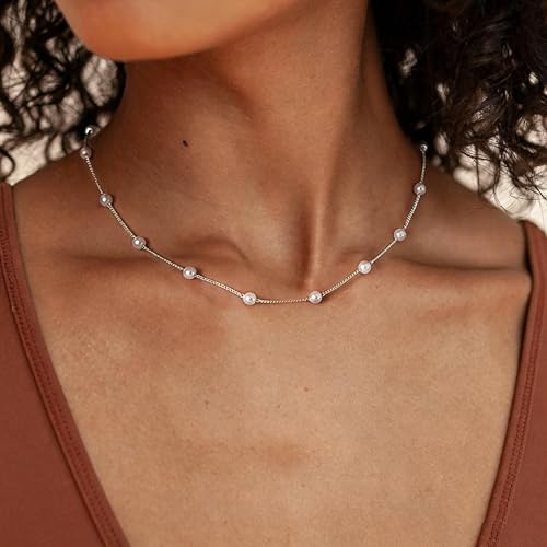 Pearl Necklace for Women, Dainty Pearls Choker Necklace for Women 14K Gold Plated Layered Pendant Necklace Handmade Gold Chain Necklace Everyday Jewelry Gift - color: Satellite Pearl-Silver