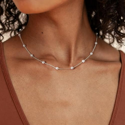 Pearl Necklace for Women, Dainty Pearls Choker Necklace for Women 14K Gold Plated Layered Pendant Necklace Handmade Gold Chain Necklace Everyday Jewelry Gift - color: Satellite Pearl-Silver
