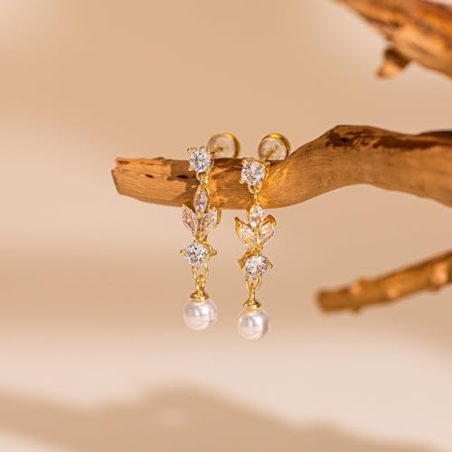 Pearl Earrings - 14K Gold/White Gold/Rose Gold Plated Cubic Zirconia CZ Diaomond Accented Pearl Drop Dangle Earrings for Women Wedding Bridal Prom - color: Leaf Dangle