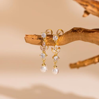 Pearl Earrings - 14K Gold/White Gold/Rose Gold Plated Cubic Zirconia CZ Diaomond Accented Pearl Drop Dangle Earrings for Women Wedding Bridal Prom - color: Leaf Dangle