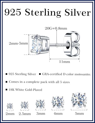 5 Pairs Moissanite Sterling Silver Stud Earrings Set for Women, Hypoallergenic, 2mm, 3mm, 4mm, 5mm - color: 18K White Gold