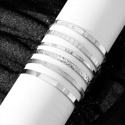 IFKM Gold Bangle Bracelets For Women, 14k Gold Plated Multi Layer Stackable Cuff Bracelet Set, Trendy Elegance Charms Non Tarnish Minimalist Textured Boho Jewelry Gift for Women - style: 6pcs Love silver