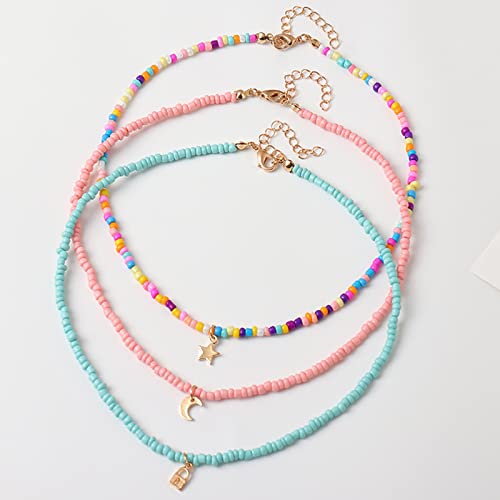 Handmade Multilayered Rainbow Colorful Beads Link Chain Moon Star Butterfly Pendant Choker Necklace Friendship Creative Beach Costume Jewelry for Women - color: pink