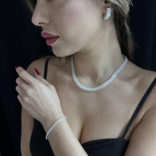 Bride Jewelry Set Silver Crystal Wedding Necklace Earrings Bracelet Set - Bridal Rhinestone Brass Pendant Accessories for Women and Bridesmaids - style: Jewelry Set 03
