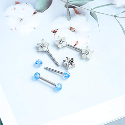 14G Opal Flower CZ Nipple Barbell Nipple Ring Piercing Jewelry for Women - color: white blue
