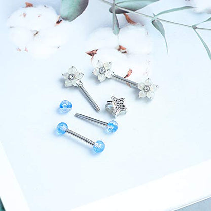 14G Opal Flower CZ Nipple Barbell Nipple Ring Piercing Jewelry for Women - color: white blue