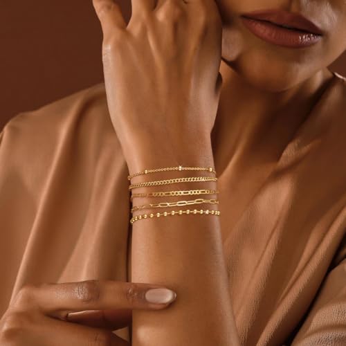 MFRYK Gold/Silver Bracelets For Women,Trendy 14k Gold/Silver Plated lightweight Dainty Chunky Thin Cuban Link Paperclip Chain Tennis Bangle Bracelets Stack Set,Ring Hand Chain Bracelet,Gold Jewelry Gift For Women Fashion Accessories - style: 5Pcs thin cub