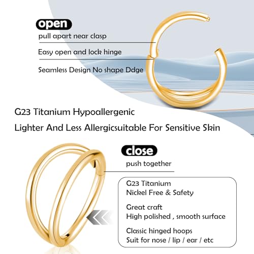 Titanium Septum Rings, Nose Rings Hoops for Women, Segment Nose Rings 16G 8mm/10mm Hypoallergenic Cartilage Conch Helix Rook Hoop Earrings - color: Double Stacked-Gold, size: 16 Gauge 8mm