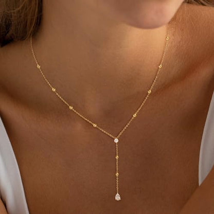 Long Gold Necklace For Women,Dainty Lariat Y Necklace 14K Gold Plated Cute Cubic Zirconia Lariat Necklaces Trendy Simple Statement Rhinestone Choker Necklaces Summer Jewelry - color: Gold-style 2