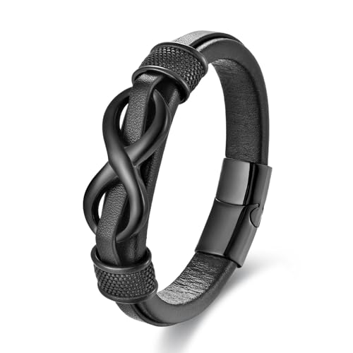Men's Leather Infinity Bracelet Stainless Steel Number 8 Wristband Cuff Bangle Bracelets Gifts for Men, 8.3 & 9.1 inches - color: 04.Genuine leather & black infinity, size: 8.3inch(Fits most wrists.)