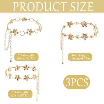 3 Pcs Gold Chain Belt for Women, Adjustable Waist Chain with Clover Butterfly Disc Pendants, Body Jewelry, Boho Belts for Women, Summer Beach Party - color: Gold-5