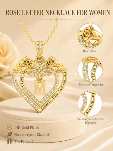 14K Gold Initial Letter Rose Heart Pendant Necklace for Women, Anniversary Birthday Jewelry Gifts for Wife Mom Grandma Sister Daughter, I Love You for Always And Forever - style: 14K Gold-M