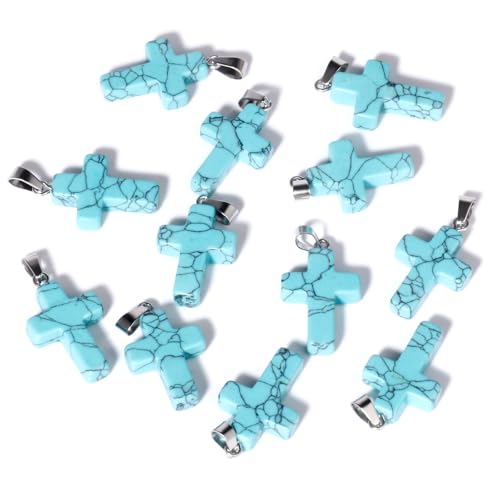12PCS Natural Stone Cross Pendant Gemstone Charms Bulk for Jewelry Making | Healing Crystal Quartz Chakra Reiki Gemstone Pendants Charms Bulk for Necklace Craft - color: Turquoise Cross(Synthetic)