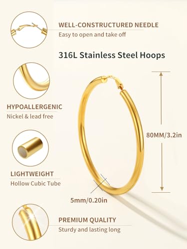 FindChic Hoop Earrings for Women, Silver/Black/14K Gold Plated Hypoallergenic Hollow Round Tube Loop Earrings, 20mm/30mm/40mm/60mm/80mm Chunky Hoops with Custom Name Options & Gift Box - color: c.Gold, size: 80MM
