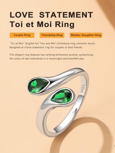Bestyle Silver Birthstone Ring for Women, Dainty Sterling Silver Teardrop Ring Open Adjustable Band Ring, Love Statement TOI et Moi Ring Promise Ring for Her - color: 05.May( Emerald)