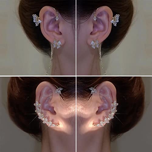 2 Pairs Dainty Silver Butterfly Ear Cuffs & Wraps for Women Non Piercing Bling Butterfly Tassel Style Zircon Earrings Ear Clips Bridal Wedding Jewelry - color: Gold-B