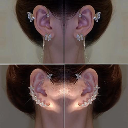 2 Pairs Dainty Silver Butterfly Ear Cuffs & Wraps for Women Non Piercing Bling Butterfly Tassel Style Zircon Earrings Ear Clips Bridal Wedding Jewelry - color: Gold-B