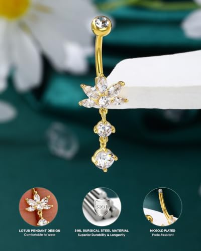 Dangle Lotus Belly Button Rings 14G Dangle Belly Navel Rings for Women Flower Belly Button Piercing - color: YG-10MM