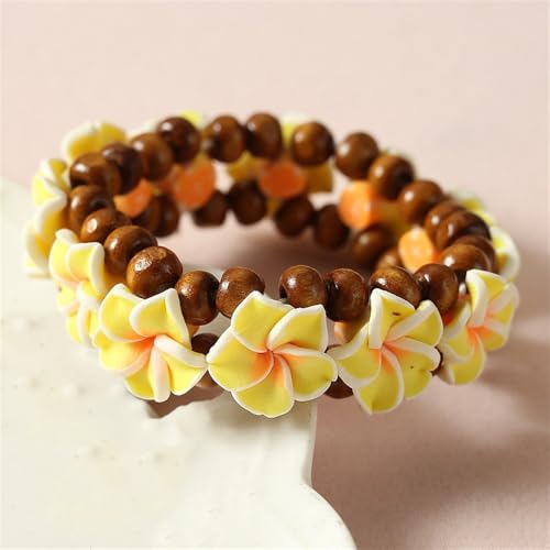 Hawaiian Plumeria Rubra Wooden Beaded Bracelet for Women Boho Polymer Clay Plumeria Flower Stretch Bracelet Summer Beach Jewelry - color: Yellow