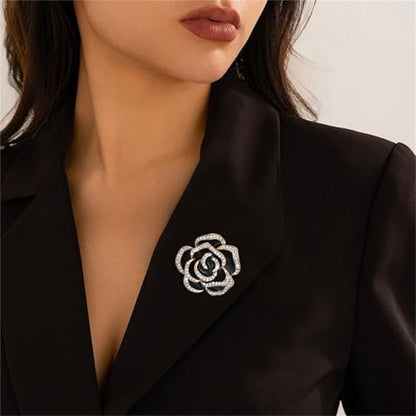 coadipress 4 Pcs Camellia Flower Brooch Pin for Women Ladies Crystal Rhinestone Black Red Floral Brooches Dress Clothing Accessory Wedding Party Birthday Jewelry - color: Black