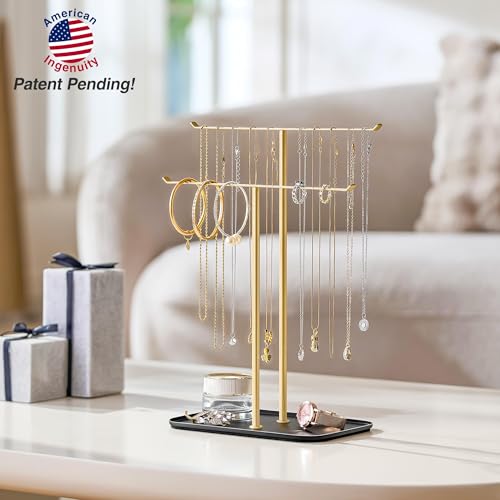 pickpiff Necklace Holder Jewelry Organizer Stand – 2‑Tier T‑Bar Jewelry Display Tree with Tray for Countertop Necklace Bracelet Earring Storage, Vanity Dresser Bathroom Sink, Black-Gold - color: Black-Gold
