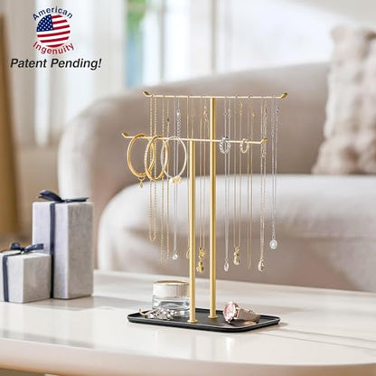 pickpiff Necklace Holder Jewelry Organizer Stand – 2‑Tier T‑Bar Jewelry Display Tree with Tray for Countertop Necklace Bracelet Earring Storage, Vanity Dresser Bathroom Sink, Black-Gold - color: Black-Gold