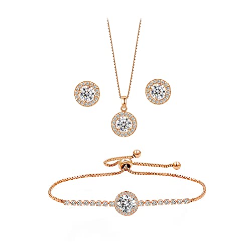 Bridesmaid Bride Wedding Jewelry Set - Round Cubic Zirconia | Earrings Necklace Bracelet Set, Hypoallergenic Prom Party Jewelry Gift for Her - color: Rose Gold