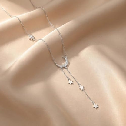 Silver Crescent Moon & Star Lariat Necklace for Women,Cubic Zirconia Draping Stars Charms Y-Necklace,Dainty Celestial Jewelry,Moon Star Necklaces for Birthday,Anniversary & Everyday Wear