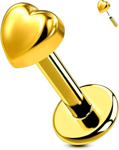 OUFER G23 Titanium Threadless Labret Studs – Flat Back Push Pin Earrings for Tragus, Helix, Monroe, Conch, Lip Piercing – 16G/18G, 6MM/8MM - color: Gold-Heart, size: 16g 6mm