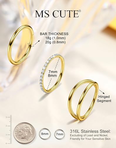 316L Stainless Steel Nose Ring Set – 3PCS Nose Hoops with Cubic Zirconia, 20G/18G, Silver/Black/Gold, 7mm/8mm Sizes, Seamless & Hinged Design for Sensitive Skin Jewelry - color: Gold, size: 18g 8mm