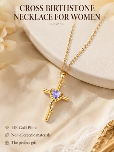 14K Gold Cross Necklace for Women Dainty Birthstone Pendant | Heart I Love You Romantic Jewelry Anniversary Christian Religious Baptism Birthday Gifts with 18"+2" Adjustable Chain - color: 14K Gold-06-Jun Birthstone