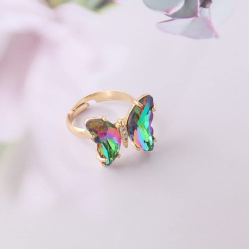 COLORFUL BLING Adjustable Elegant Transparent Crystal 3D Butterfly Rings for Women Aesthetic Gold Plated Cute Animal Insect Open Finger Cuff Ring Birthday Valentine Gifts - color: transparent colorful