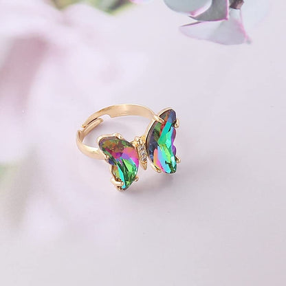 COLORFUL BLING Adjustable Elegant Transparent Crystal 3D Butterfly Rings for Women Aesthetic Gold Plated Cute Animal Insect Open Finger Cuff Ring Birthday Valentine Gifts - color: transparent colorful
