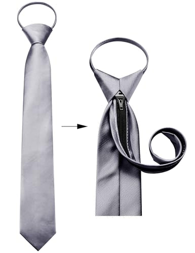 GUSLESON 3.15"（8cm） Mens Pre-tied Adjustable Zipper Tie Solid Necktie for Business and Wedding - color: Grey