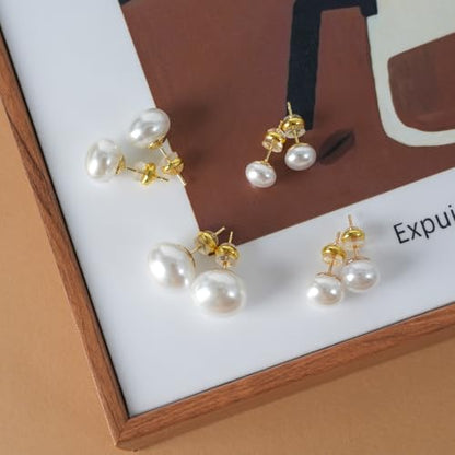 Natural Freshwater Pearl Earrings, 925 Sterling Silver 18K Gold Plated Hypoallergenic 6/7/8/9/10mm AAAA+ Pearl Earring Studs Jewelry for Women