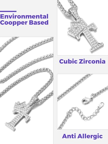 Richsteel Silver Crown Initial A-Z Letter Pendant Necklace for Men Women | Cubic Zirconia Monogram, 316L Steel Chain, 22" + 2" Extender,Hypoallergenic,Gift Box, Hip Hop Jewelry - style: T