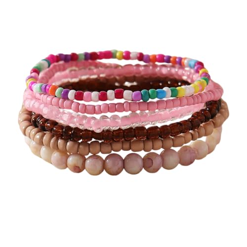 Boho Colorful Stackable Crystal Glass Beads Stretch Bracelets Multilayered Bracelets for Women Bohemian Jewelry - color: Pink 6pcs A