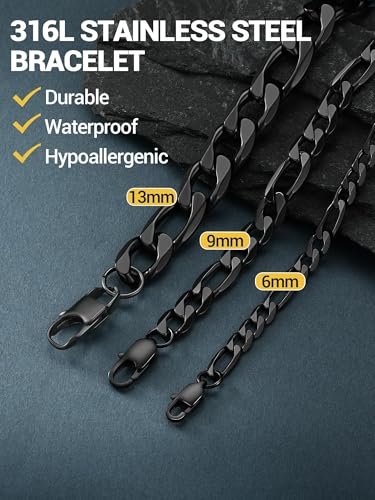 PROSTEEL Bracelets for Men, Figaro/Cuban Mens Bracelet, Silver/Gold/Black | 6/9/13mm Width, 7.5/8.3/9" Length, Stainless Steel Mens Bracelet, Durable & Non Tarnish, Chunky Jewelry with Gift Box - style: A 6mm-Figaro-Black