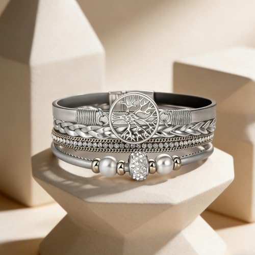 hotoo Leather Wrap Bracelets for Women Tree of Life Cuff Bracelets Pearl Rhinestone Bead Multi-Layer Bracelets Bohemian Jewelry Gift for Women - color: Silver