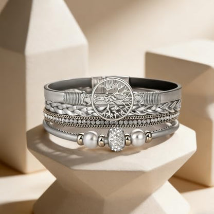 hotoo Leather Wrap Bracelets for Women Tree of Life Cuff Bracelets Pearl Rhinestone Bead Multi-Layer Bracelets Bohemian Jewelry Gift for Women - color: Silver