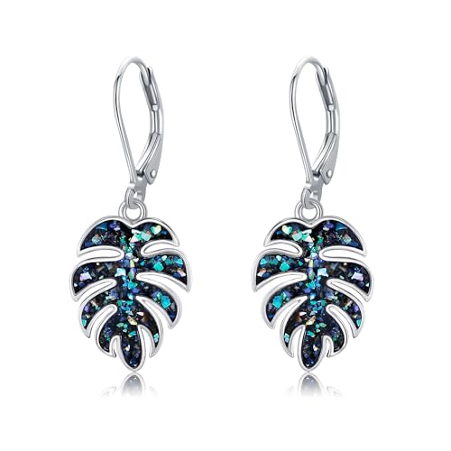 Monstera Earrings S925 Sterling Silver Leverback Palm Leaves Earrings Plant Dangle Drop Earring for Women Tropical Monstera Jewelry Gifts