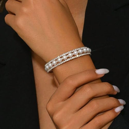 Pearl Stretch Cuff Bracelet for Women Adjustable Multilaye Rhinestone Crystal Bracelet Wedding Party Brides Bridesmaid Jewelry - color: Gold Style