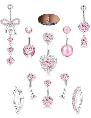 JeryWe Hypoallergenic Belly Button Ring Surgical Stainless Steel - Dainty Dangle Navel Piercing Jewelry CZ Bow Heart Ball Pearl Clicker Piercings for Women - color: Pink